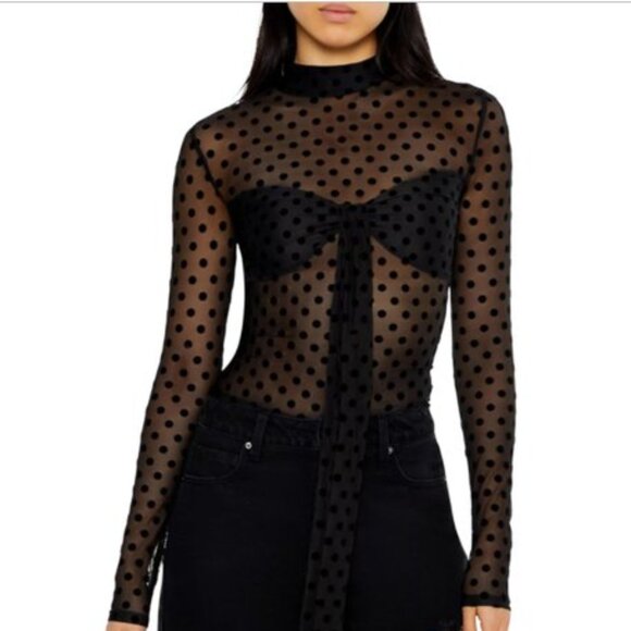Forever 21 Mesh Polka Dot Mock Neck Sheer Top Black Large NWT - Picture 1 of 13